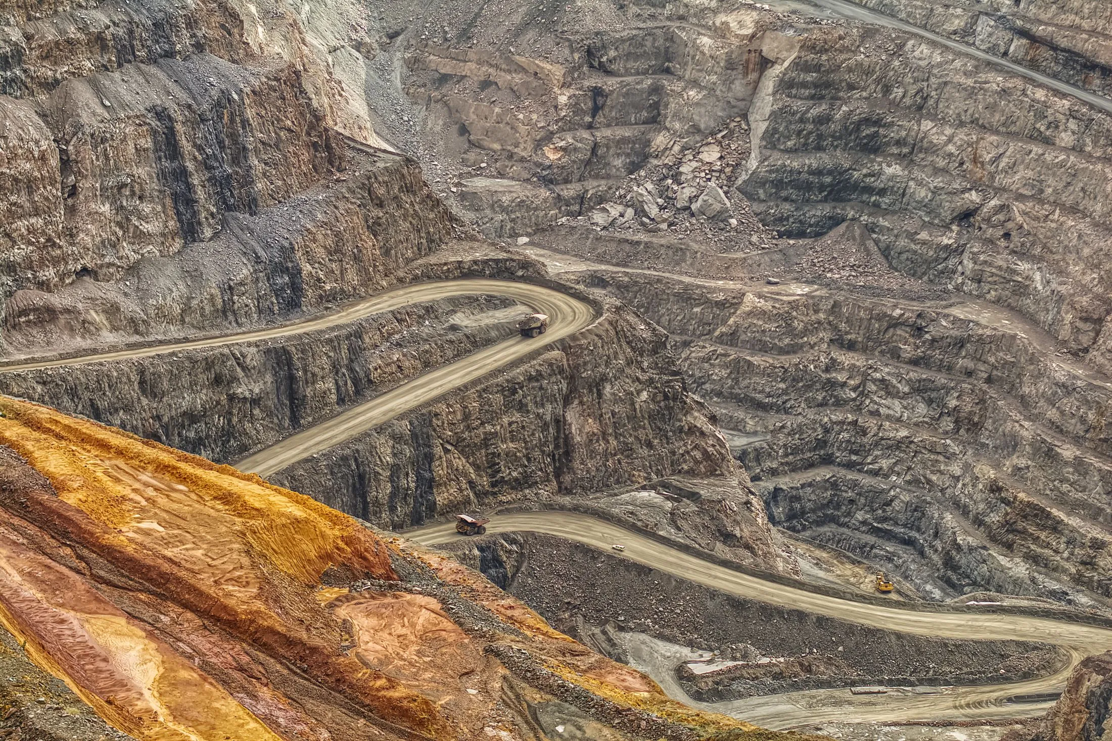 Open-pit mine with a winding haul road